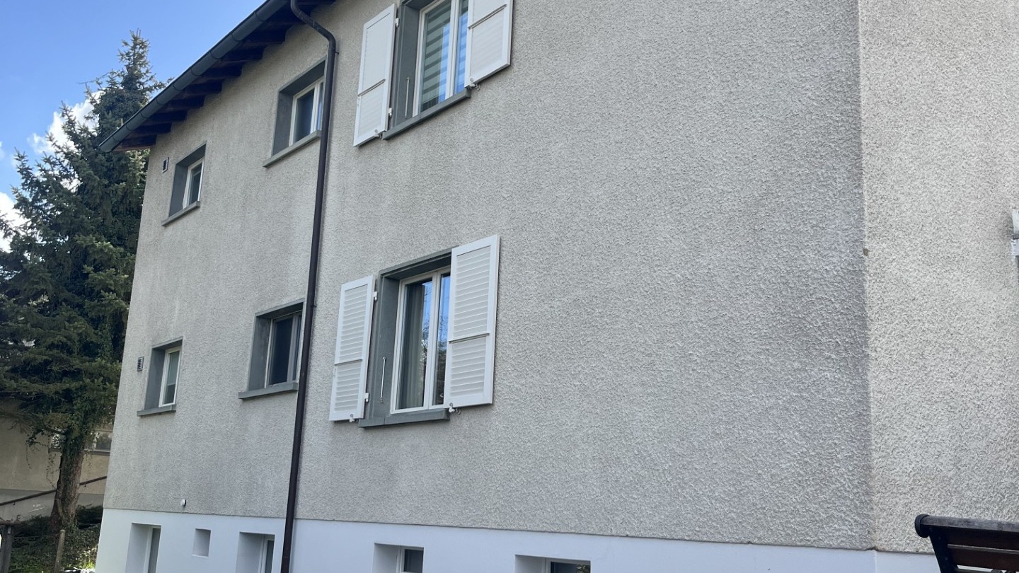 Graue Fassade im Detail vor der Renovation